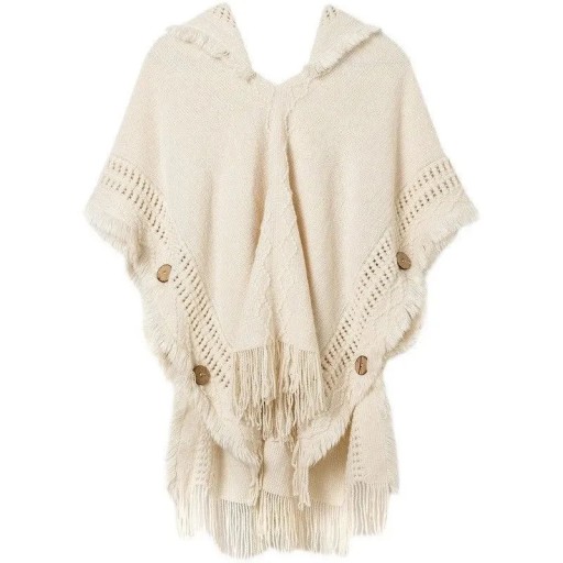 GIDYQ Knitted Capes Women Tassel Hooded Buttons Kn