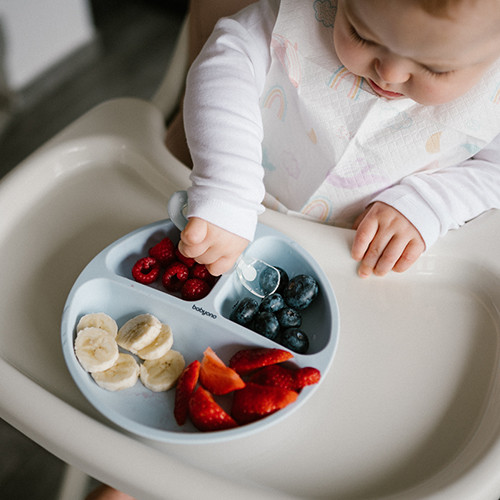 Komplet Talerzyk silikonowy z przyssawką + Miska 6m+ niebieski BabyOno