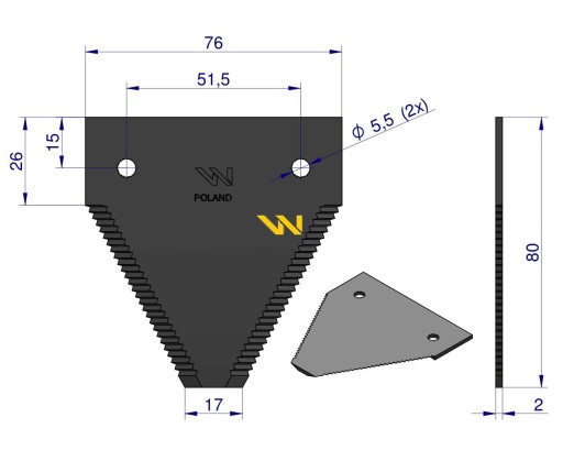 25x Нож уборочный 80x76x2мм отв. 5,5 шт. 614670.0 Claas WARYŃSKI