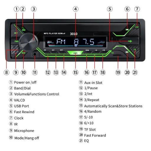 1din автомагнитола Bluetooth MP3 FM 60Wx4 с подсветкой AUX/USB/TF-карта