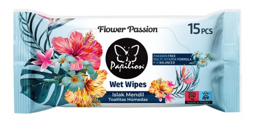 ВЛАЖНЫЕ САЛФЕТКИ PAPILION FLOWER PASSION С ЦВЕТОЧНЫМ ЗАПАХОМ, 15 шт.