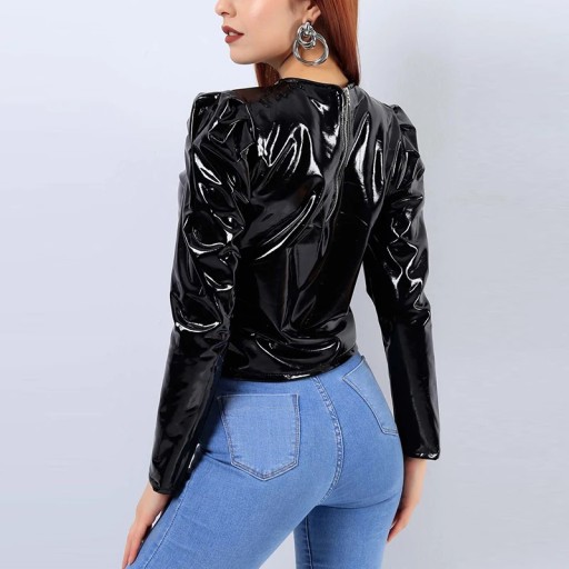 Women Latex Patent Leather O-Neck Tops Long Sleeve, M