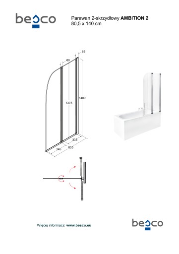 Шторка для ванны Ambition 2 Besco 80,5 x 140 хромированный профиль