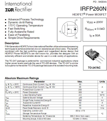 [2 шт.] IRFP260N N-MOSFET транзистор 50А 200В 300Вт TO247AC HEXFET