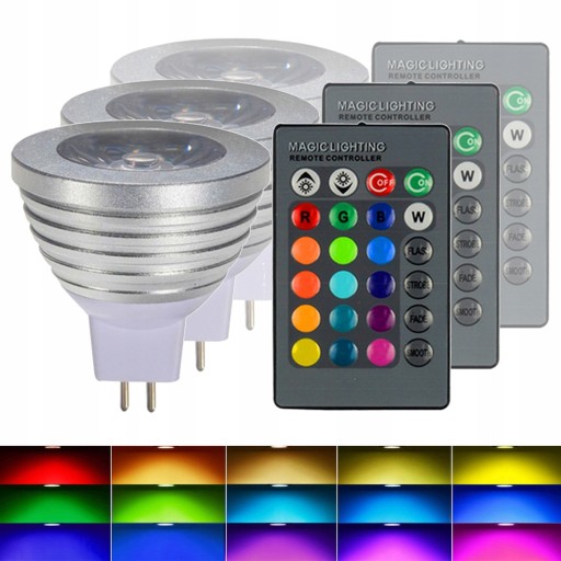 3 светодиодные лампы MR16 RGB COLORS 3 Вт АЛЮМИНИЕВЫЙ ПУЛЬТ ДИСТАНЦИОННОГО УПРАВЛЕНИЯ