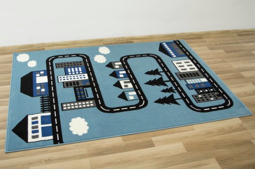 140x200 cm DYWAN DZIECIĘCY NIEBIESKI CZARNY DROGA ULICA DOMKI LUNA KIDS