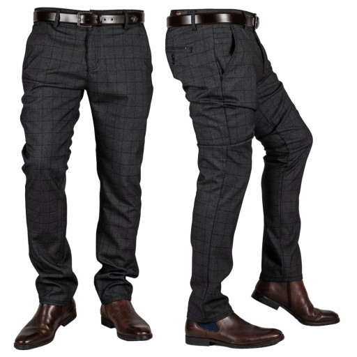 Eleganckie czarne CHINOSY w kratę WALID r.40