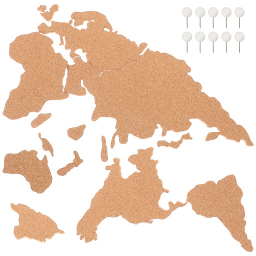 MAPA ŚWIATA Z TABLICY KORKOWEJ DREWNIANY PLAKAT PIN
