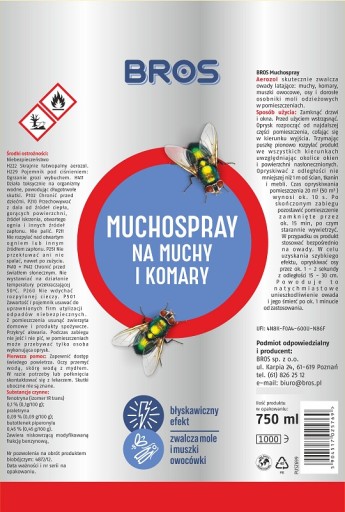 BROS Спрей для борьбы с летающими насекомыми от мух, комаров, ос и кротов 750мл