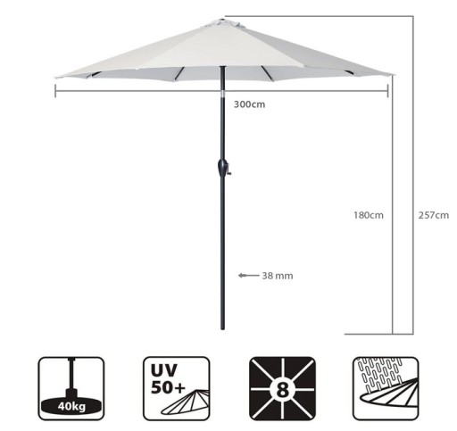 PARASOL PRZECIWSŁONECZNY OGRODOWY 300CM ŚREDNICY KREMOWY SEKEY