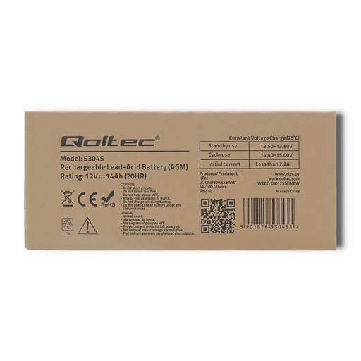 Qoltec Akumulator AGM | 12V | 14Ah |max. 210A