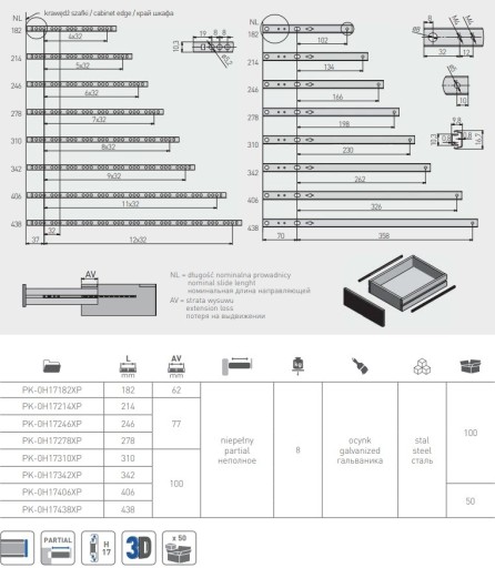 Шариковая направляющая для ящика h-17 310 мм