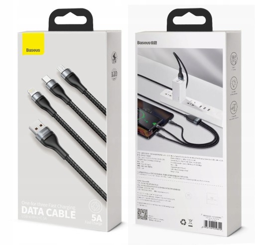 USB-КАБЕЛЬ BASEUS 3IN1 ДЛЯ IPHONE MICRO TYPE-C 5A LED