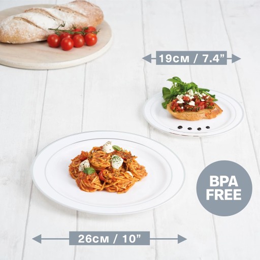Srebrne plastikowe talerze kubki sztućce zestaw na 25 osób catering piknik