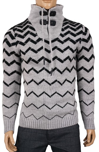 Sweter męski wełniany gruby ciepły golf komin stójka zimowy siwy szary L