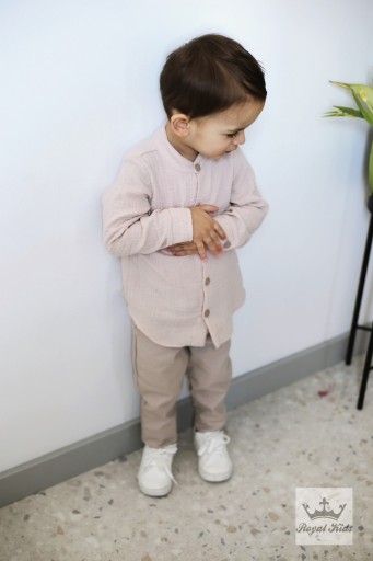Koszula Muślinowa Chłopięca bawełniana BEŻOWA Royal Kids 104 110 długi r.