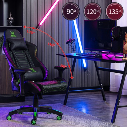 FOTEL GAMINGOWY DLA GRACZA OBROTOWY PODNÓŻEK PODUSZKI RGB LED + PILOT