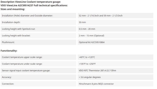 Индикатор температуры VDO A2C59514237 охлаждающая жидкость