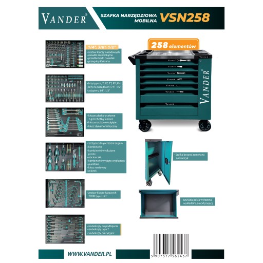 МОБИЛЬНАЯ МАСТЕРСКАЯ ИНСТРУМЕНТАЛЬНЫЙ ШКАФ + ИНСТРУМЕНТЫ 258 ЭЛЕМЕНТОВ Vander