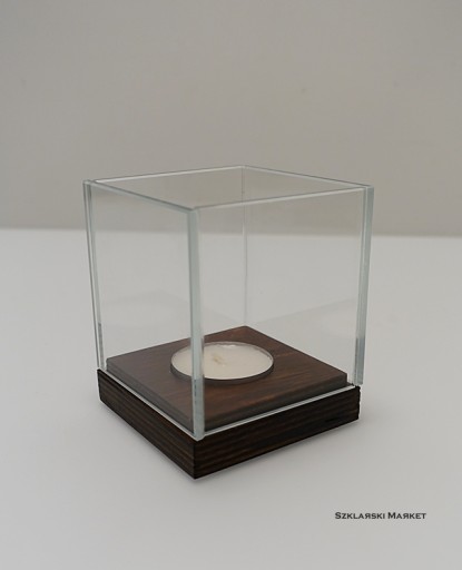 Świecznik szklany szkło OptiWhite na tealight spód drewno brąz pojedynczy
