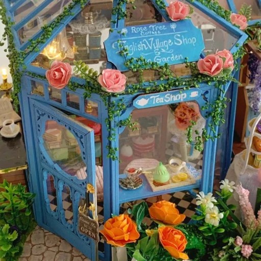 Miniaturowy domek DIY Różana herbaciarnia Ogród Kwiaty Słońce Oranżeria