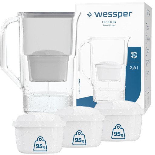 Dzbanek filtrujący wodę Wessper D1 SOLID 2,8l szary + Wkład aquamax 4szt.