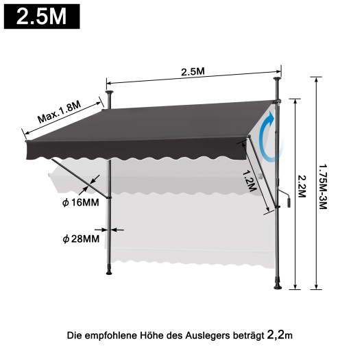 Маркиза Aufun Clamped 250 x 120 см темно-серый