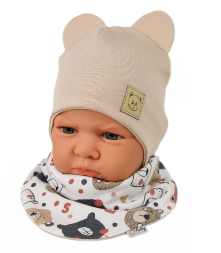 KOMPLET CZAPKA + APASZKA DWUSTRONNA 42-44 WIOSNA / JESIEŃ BEIGE 6m+