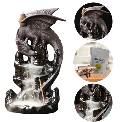 Kominek Zapachowy Ceramiczny Backflow Smok 19 cm + Kadzidełka 12 szt