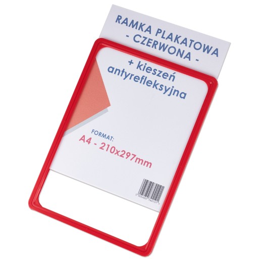RAMKA NA ULOTKĘ PLAKAT CZERWONA + KIESZEŃ PLAKATOWA PRZECIWPYŁOWA - A4