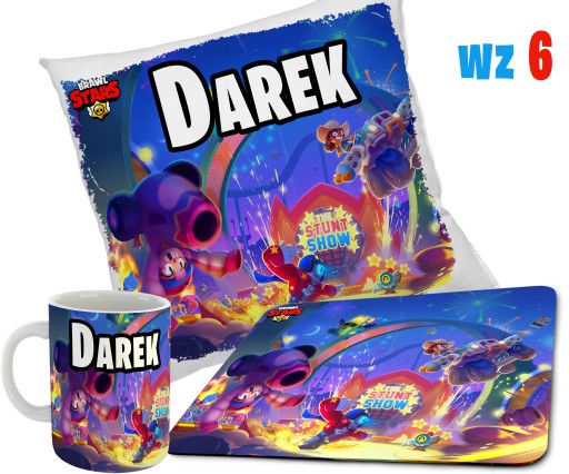 KUBEK + PODUSZKA + PODKŁADKA POD MYSZ zestaw BRAWL STAR S +IMIĘ RÓŻNE WZORY