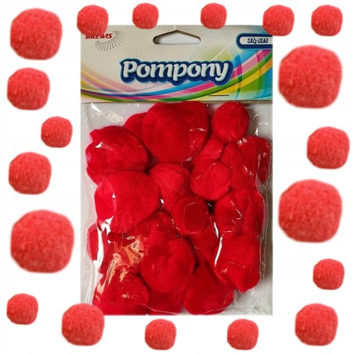 Zestaw OZDOBNYCH POMPONÓW Dekoracyjne POMPONIKI Puszyste Czerwone Brewis