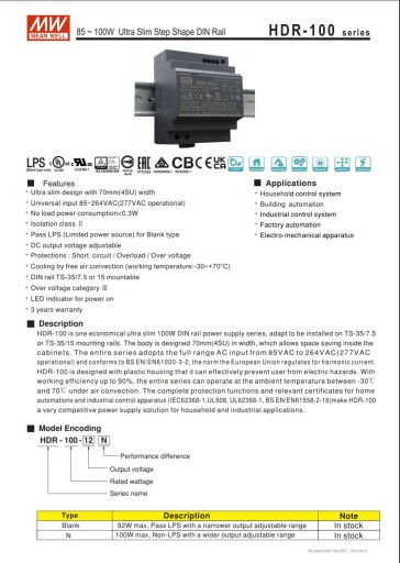 Блок питания DIN 90Вт HDR 100Вт 24В MEAN WELL HDR-100-24