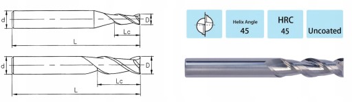 Frez Węglikowy do Aluminium VHM 2 pióra 16 x 50 x 150 mm 45 HRC