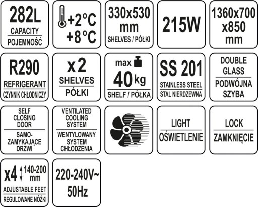 YATO 282L 2-ДВЕРНЫЙ СТЕКЛЕННЫЙ ОХЛАЖДАЮЩИЙ СТОЛ