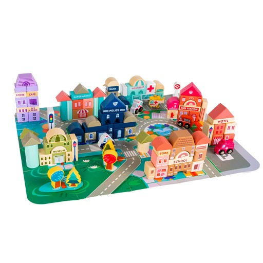 Klocki Miasto Drewniane Auta Zestaw + Puzzle Mata 115 Klocków Edukacyjne