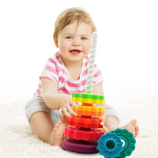 Spinning and stacking toy, rainbow design