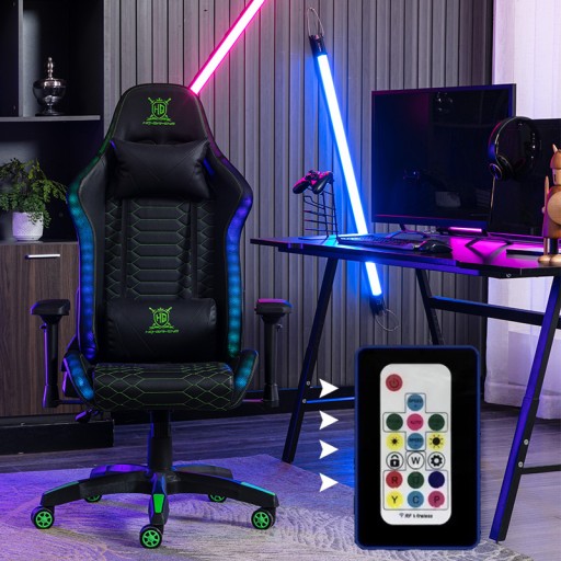 FOTEL GAMINGOWY DLA GRACZA OBROTOWY PODNÓŻEK PODUSZKI RGB LED + PILOT