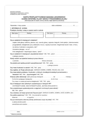 Karta profilaktycznego badania lek. ucznia Hsz-14a (Hsz-22)
