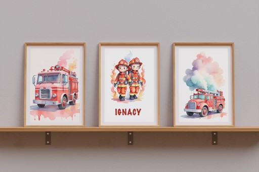 3 OBRAZKI DO POKOJU DZIECIĘCEGO A3 PLAKATY STRAŻ POŻARNA BOHO PREZENT IMIE