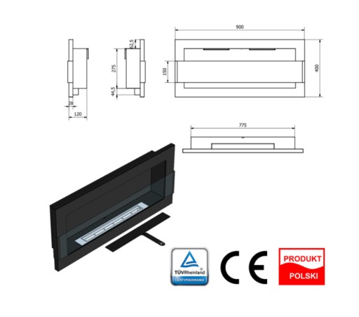Biokominek z szybą wiszący 900x400 biały połysk