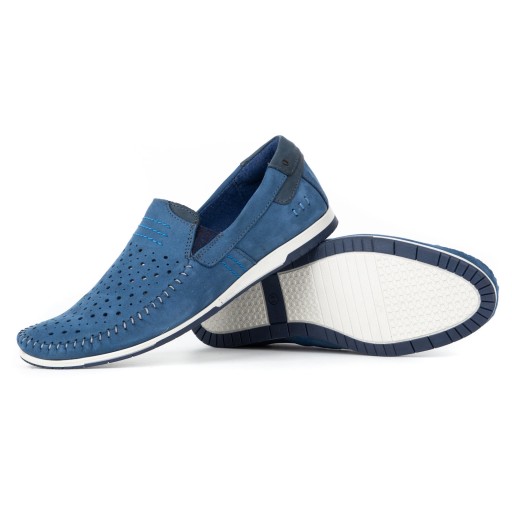 Buty męskie skórzane mokasyny wsuwane na lato ażurowe 876L niebieskie 43