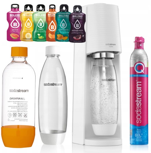 Sodastream Terra White 2 бутылки: белая и оранжевая + напитки «Болеро»