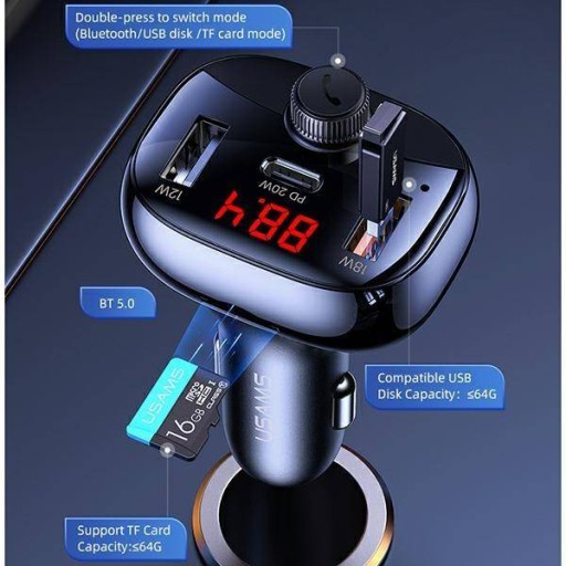 USAMS FM-ПЕРЕДАТЧИК BLTH 5.0 MP3 50 Вт 2XUSB + USB-C