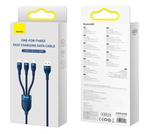 КАБЕЛЬ BASEUS FLASH SERIES II 3 В 1 USB C/MICRO-USB/IPHONE LIGHTNING 66 Вт 1,2 М