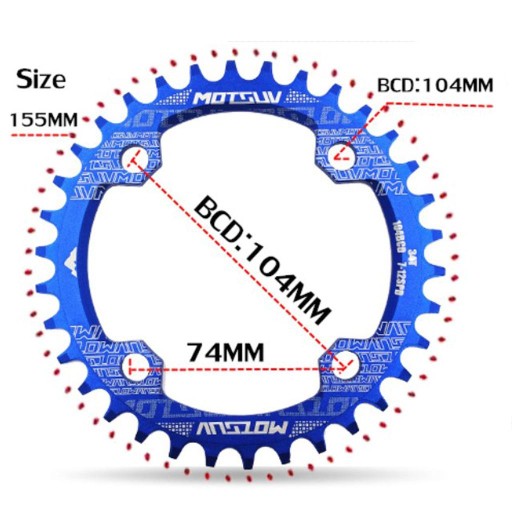 104BCD Okrągła wąska szeroka tarcza T MTB Łańcuch rowerowy Koło Czerwony 34T Niebieski 36T