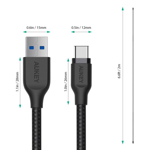 Кабель Aukey USB-A - USB-C, 5Гбит/с, QC 15Вт, плетеный 2м