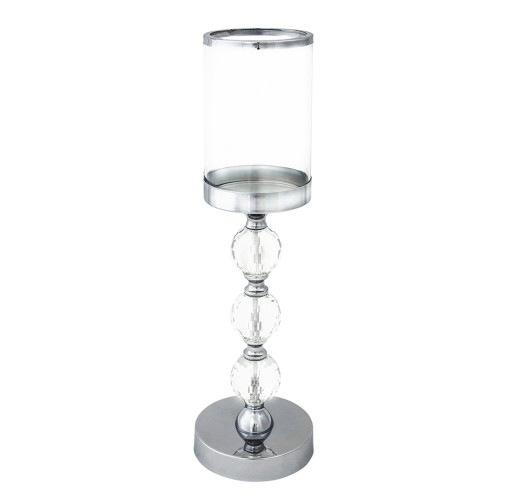 ŚWIECZNIK SZKLANY GLAMOUR KRYSZTAŁOWY LAMPION NA NÓŻCE 41cm 115565 SREBRNY