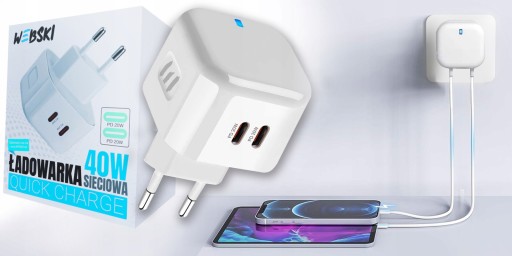 ZASILACZ SIECIOWY DO TELEFONU GNIAZDO C 40W 2xUSB-C PD Z MOCNYM KABLEM 5W1