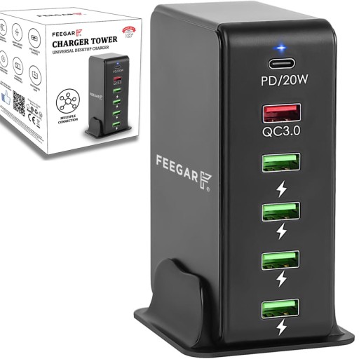 Сетевое зарядное устройство Feegar мощностью 86 Вт, 5x USB, 1 x Type-C PD
